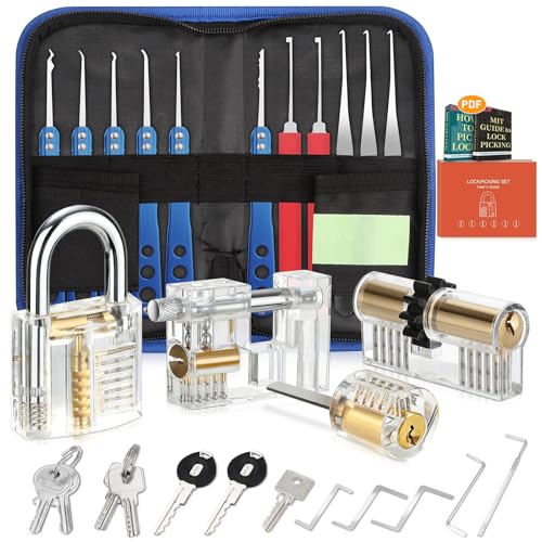 Diyife Dietrich Set, 33 Teiliges Lockpicking Set, Doppelzylinder, 4 Transparente Schlösser - Enthält 1 Transparentes Blattverschluss, Blauer Rutschfester Verlängerungsstiel, Edelstahl Schlosskopf
