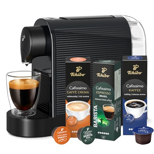 Tchibo Cafissimo „Pure plus“ Kaffeemaschine Kapselmaschine inkl. 30 Kapseln für Caffè Crema, Espresso und Kaffee | 0,8l | 1250 Watt | 11,9 x 33,7 x 24 cm | Schwarz