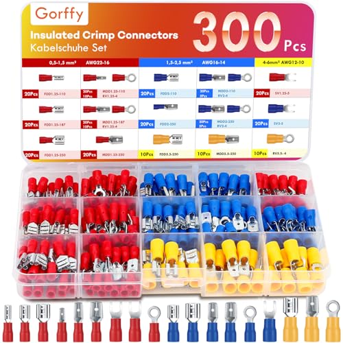Gorffy Kabelschuhe Set 300 Pcs, Flachsteckhülsen Sortiment 0,5-6,0mm², Elektro Flachstecker, KFZ Quetschverbinder Set aus Verzinnten Messingeinsätzen