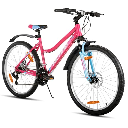 Hiland 26 Zoll Damen Mountainbike, 18 Gänge Federgabel MTB mit Step-Through-Rahmen, 26 Zoll Fahrrad für Frauen Männer Erwachsene Rosa