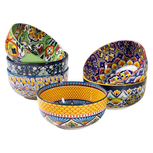 HENXFEN LEAD Müslischalen aus Porzellan, 6 Stück 850ml Suppenschalen für Müsli, Suppe, Salat und Nudeln, usw. Bohemian-Floral-Design in 6 kräftigen Farben