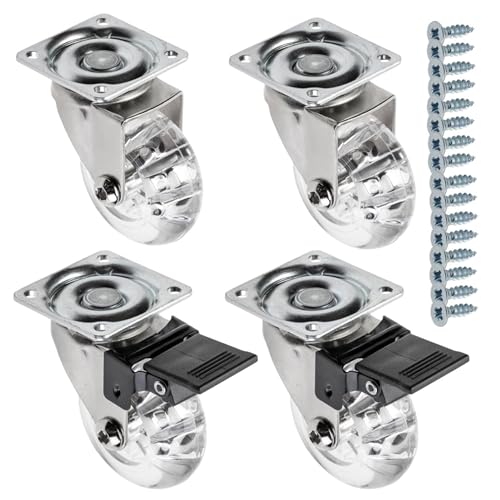 GTV - Möbelrollen BRAZIL, Lenkrollen, 4 Stück set Rollen für Möbel: 2x Rollen mit Bremse, 2x ohne Bremse, aus Stahl und Gummi, +16 konische Schrauben 4x17, Durchmesser: 50 mm, Farbe: Transparent
