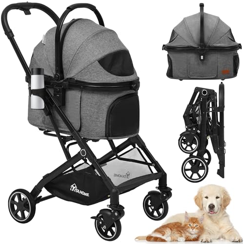 YITAHOME Hundewagen 3 in1 Hundebuggy Transporttasche, Faltbar klappbar Katzenwagen, Bis 15,9kg, 360°Verschleißfeste Gummiräder, Ablagekorb, Netzfenstern Getränkehalter, für Hunde & Katzn (Grau)