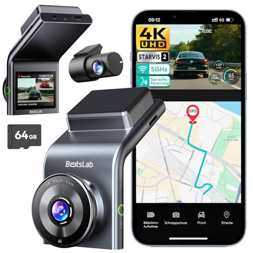 BOTSLAB 4K Dashcam Auto Vorne Hinten mit STARVIS 2 Sensor, WDR Dual-Kanal Dash Cam mit 64GB SD-Karte, Sprachsteurung & 5GHz Wi-Fi, WLAN Autokamera, GPS, Super Nachtsicht, bis zu 256GB