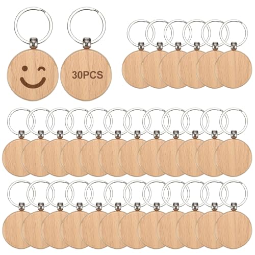 30 Stück Schlüsselanhänger Holz, Ø 4cm Schlüsselanhänger Holz Rund, Personalisierte Runde Leer Rohling, Schlüsselanhanger Holzen Rohling für DIY, Dekoration, Geschenke, Schlüsselbund, Malerei