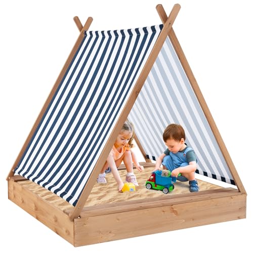 COSTWAY Sandkasten mit Dach, Sandkiste mit 2 Sitzbänken, UV-Schutz, Sandbox für Garten, 124 x 123 x 134 cm