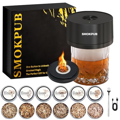 SMOKPUB Elektrisches Whisky Smoker Set, Cocktail Smoker Kit mit 6 Holzspänen, Whiskey Smoker Kit Mit Eingebautem Zünder, Kein Butan erforderlich, Bourbon Whisky Geschenk für Papa, Ehemänner