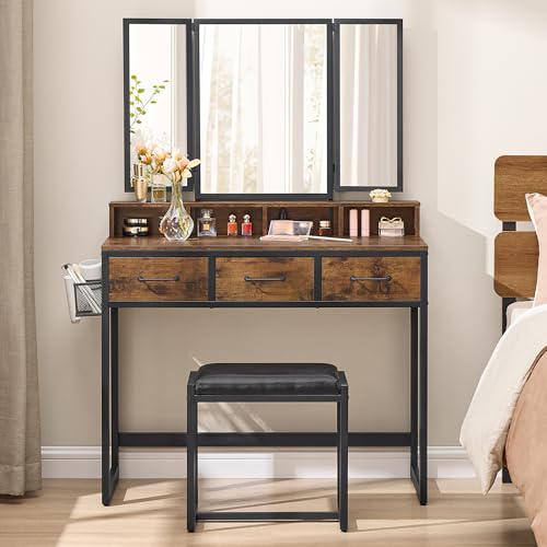 VASAGLE Doppel-Unterschrank-Set mit gepolstertem Hocker, Schminktisch mit Dreispiegel, 3 Schubladen, Haartrockner, Schminktisch, industrieller Stil, rustikal braun und schwarz RVT004B01