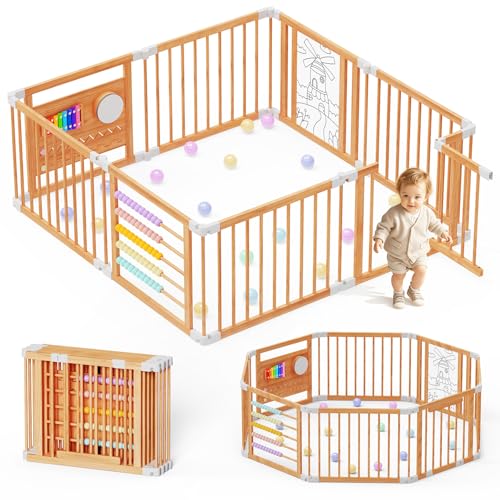 Laufstall Baby Holz mit Spielcenter–160 x 160 x 61 cm Verstellbare Größe & Form Laufgitter, Faltbarer Laufstall aus Holz, Spielzaun mit Tor für Babys und Kleinkinder
