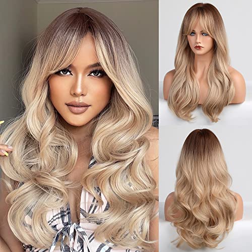 HAIRCUBE Lange Blonde Perücken für Frauen Wave Lockige Perücke mit Pony Natürliche braune Wurzeln Synthetische Perücken für den täglichen Gebrauch Cosplay