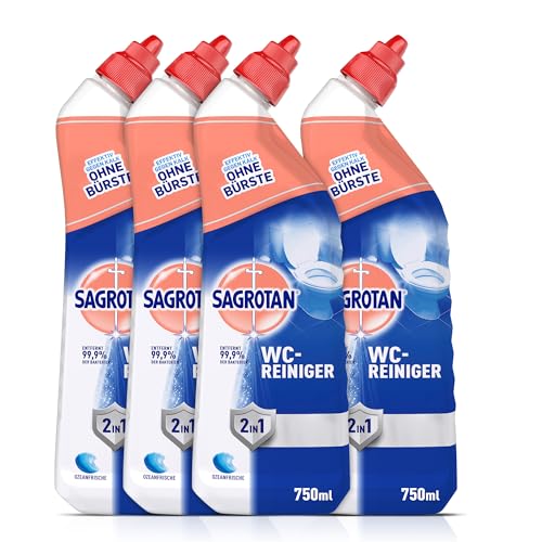 Sagrotan WC-Reiniger Ozeanfrische – 2in1 Reinigungsmittel mit Antischmutzfilm für langanhaltende WC-Frische – 4 x 750 ml