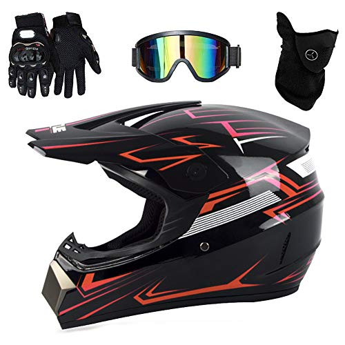 UIGJIOG Motocross Helm mit Brillen Maske Handschuhe, Herren Damen Motorrad-Helm Off-Road Downhill-Enduro-Helm-ATV-MTB-BMX Dirt Bikes Quad Motorräder Full-Face Schutz-Helm,N,S(52~53cm)