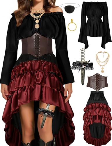 CICOCI Piratenkostüm für Damen, Renaissance-Korsett, Steampunk-Rock, Oberteil, Piraten-Zubehör, komplettes Halloween-Kostüm, Schwarz, M
