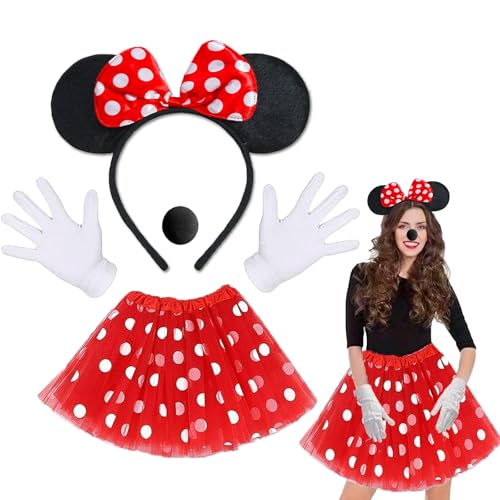 KEELYY Damen Maus Mouse Kostüm Rot Tutu Tüllrock mit weiß Gepunktet + Maus Ohren Haarreifen + Handschuhe + Nase, Faschingskostüme Damen für Fasching Karneval Mottoparty Cosplay