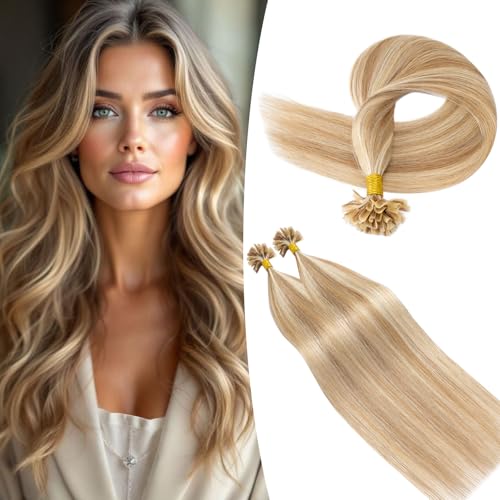 S-noilite Extensions Echthaar Bondings Light Golden Brown/Gebleichtes Blond Haarverlangerung Keratin Bondings Echthaar U Tip Extensions Hot Fusion 25g 25strähne 50cm