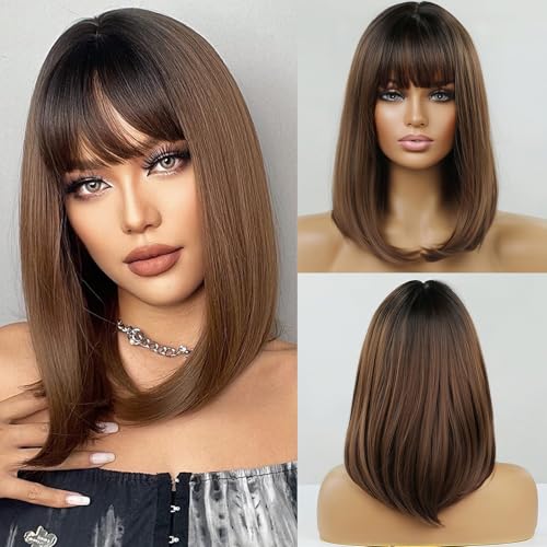 EMMOR Kurze Bob Perücke mit Pony, für Frauen, natürliche synthetische Faser Bob Perücke, natürlich aussehend, geeignet für Alltag/Party/Cosplay (Beraul braun)