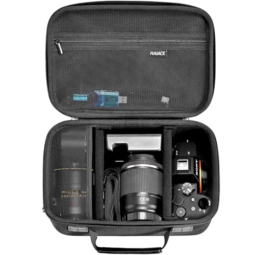 RAIACE Hartschalenkoffer kompatibel mit Sony Alpha 7 II III IV/7R V Kamera, für Nikon, für Canon, für Pentax und mehr. Mit Netztasche für Objektiv, Ladegerät, Kabel und Zubehör. - Schwarz