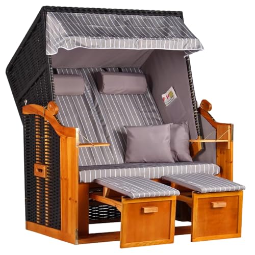 MR. DEKO® Strandkorb Ostsee Volllieger 2-Sitzer | PE Geflecht Schwarz Bezug Uni grau | inkl. 4 Kissen & Klapptisch | Strandstuhl verstellbar | Strandkörbe Hartholz Fußablage (Dessin Royal Grau)