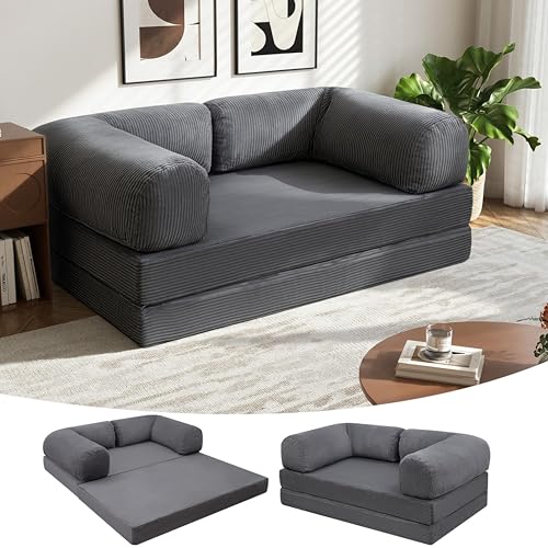 MeMoreCool 4-in-1 Boneless Couch, Umwandelbares Schlafsofa mit Armlehnen, Faltbare Matratze und Schlafsessel, Bequemes Schlafcouch für Wohnzimmer und Schlafzimmer als Lounge oder Gästebett, Grau