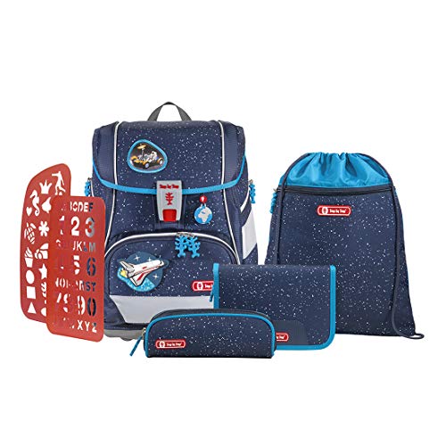 Step by Step Schulranzen-Set 2IN1 Plus „Sky Rocket Rico“ 6-teilig, blau-schwarz, Weltraum-Design, ergonomischer Tornister mit Reflektoren, höhenverstellbar mit Hüftgurt für Jungen 1. Klasse, 19L