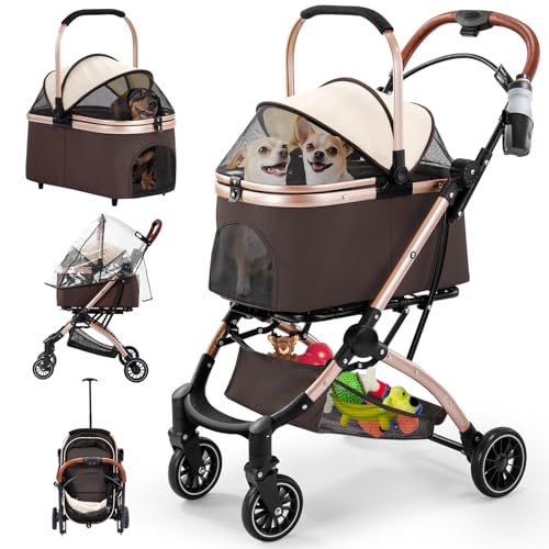 Gimars Upgrade 4 in 1 Katzenwagen & Hundewagen Bis 20kg Klappbar,360° Gummireifen Katzen Wagen Mit Hinterradbremse, Hundebuggy Mit Regenschutz Einziehbare Zugstange Für Kleine Hunde Katze Khaki