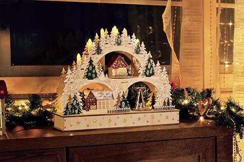 Weihnachtlicher Schwibbogen Pyramide mit LED Kerzen und Timerfunktion, Weihnachtsdekoration, Holzdesign mit Winterszene, Beleuchteter Lichterbogen