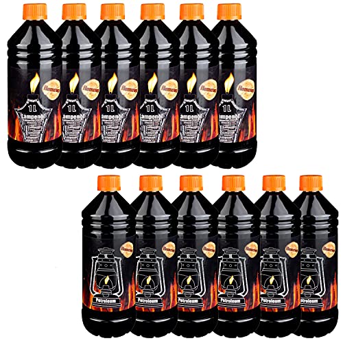 Lampenoel Lampenöl Petroleum Set 6 - 48 Liter Petroleumheizung Petroleumofen Lampe Kamin Kerosin Reiniger Fackel Laterne Öllampe Gartenfackeln Auswahl Flameup, Menge:12 L