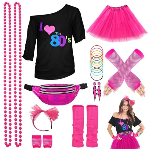 Faschingskostüme Damen 80er Jahre Outfit Damen, Neon Party Outfit, Inklusive T-Shirt, Stirnband, BeinwäRmer, Armband, Haarband, Halskette, Armband, Brille Und Ohrringe FüR Die Karnevals-Neon-Party