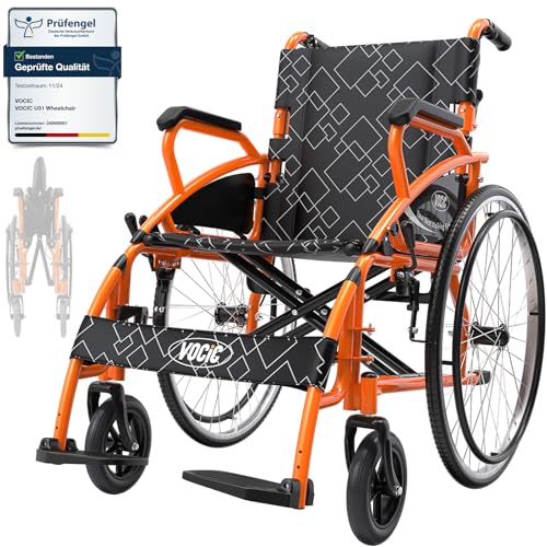 VOCIC U31 Rollstuhl faltbar leicht bis 150KG,17KG Faltbarer Outdoor Rollstuhl,Doppelbremsen Transportrollstuhl klappbar mit Selbstantrieb für Erwachsene,Pannensicher Reifen für Alle Terrain (Orange)