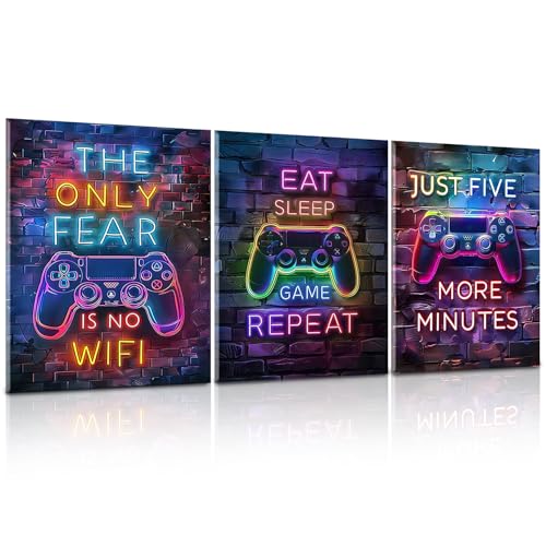 Cunegra 3 Stück Gaming Poster, Neon Leinwand Drucke Gaming Bilder, Controller Gamepad Wandbilder für Jugendzimmer, Poster Jugendzimmer Jungen, Gaming Zimmer Deko für Jungen, Ohne Rahmen, 40x30cm