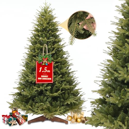 STANBOW Künstlicher Weihnachtsbaum Künstlich 150cm - Flammhemmendes Material PVC+PE, Naturgetreu, Dichte Zweige, Christmas Tree mit Holzständer