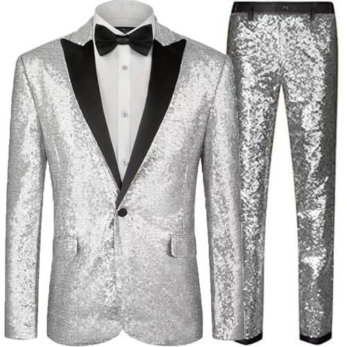 ZDSUHYIW Glitzer Anzug Herren 2 Teilig Slim Fit Blazer Pailletten Anzug Set Für Party Abschlussball Slim Fit Jacke Hose Karneval Kustüm 70Er 80Er Jahre Outfit Mottoparty Elegant Herrenanzug
