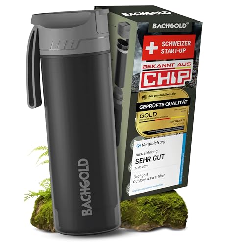 Bachgold® Profi Outdoor Wasserfilter Flasche I Entfernt 99,99% aller Bakterien und filtert Mikroplastik, Partikel und Chlor I Blackout & Krisensicher (Schwarz, 500ml)