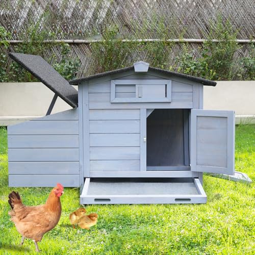 Hühnerstall Winterfest 106x64x71cm, Hühnerhaus mit Nistkasten aus Holz, Kleintierstall aus Holz Hühnervoliere für 2 Hühner, isoliertem Dach und Kotwanne verzinkt, einfach zu reinigen