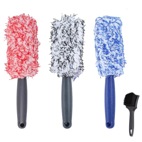 Xinsenke Felgenbürste Alufelgen 3 Stück + Reifenbürste, Auto Felgenreiniger Bürste Mikrofaser, Schonend für Alle Felgentypen, Ergonomischer Griff, Rot Blau Grau