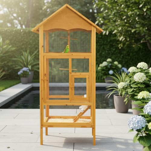 Mucola Vogelvoliere Holz großer Vogelkäfig mit 2 Türen Vogelhaus mit Sitzstangen, Leiter und Kotschublade Außenvoliere 74 x 74 x 194 cm Zuchtkäfig Vogelhaus