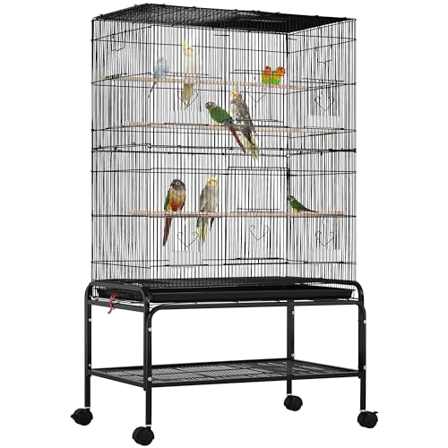 Yaheetech Vogelkäfig groß, 79 × 49 × 134,5 cm, Vogelvoliere mit 3 Sitzstangen, Papageienkäfig mit 6 Türen, Käfig für Wellensittich, 4 Futternapf, Schmutzwanneneinsatz, Schwarz