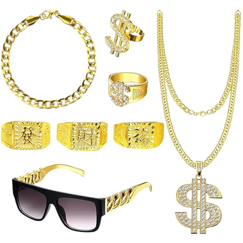 JrnSvp Halloween Kostüm, 8 Stück Faschingskostüme Männer Goldkette Herren Sonnenbrille Goldene Dollar Kette Ring, Für 80er 90er Jahre Outfit Herren Mottoparty