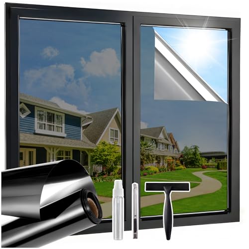 Lifetree Spiegelfolie Fensterfolie Bickdicht Sichtschutz von außen, 44.5x200 cm, Sonnenschutzfolie mit UV-Schutz und Hitzeschutz, selbstklebend, ideal für Wohnzimmer und Büro, Schwarzes-Silber