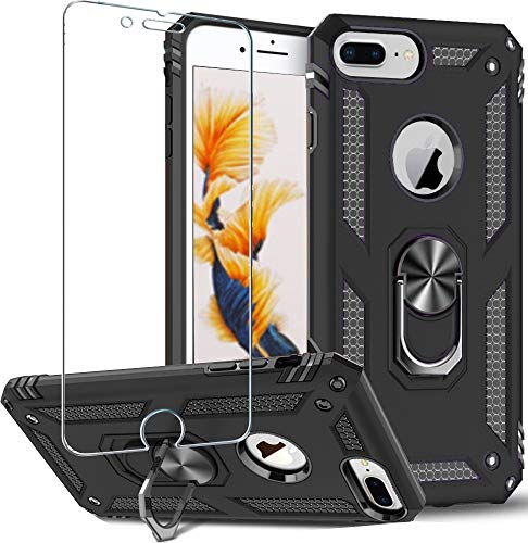 Folmeikat Hülle für iPhone 8 Plus/7 Plus/6/6S Plus, Displayschutzfolie, 360 Grad drehbarer Metallring, Stoßdämpfung, verstärkte Ecken, TPU für Apple iPhone 8/7/6/6S Plus (5,5 Zoll) schwarz