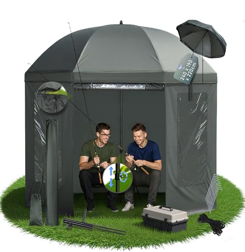Gartstary Angelschirm 240 cm - Stabilität Angelschirm mit Seitenwand - 210D Oxford-Gewebe, PU-Wasserdichte, Verstellbar Schirmzelt Angeln mit 3 Fenstern, Einfache Montage, für Outdoor Camping & Angler