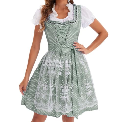 GWAWG Dirndl Damen Oktoberfest Dirndlkleid, Trachtenmode mit Trachtenbluse Spitze Midi Rock Schürze, Wiesn Outfit Trachtenkleid Volksfest Grün Weiß (DE/NL/SE/PL, Alphanumerisch, L, Regular, Regular)