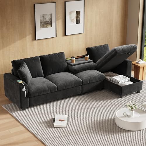 A ALFRESCOOL Sofa L Form mit Schlaffunktion, Ecksofa, Schlafsofa mit Stauraum, Chenille-Stoff, Verstellbarer Fußhocker, Ausklappbarer Couchtisch mit 2 Getränkehaltern, 280×137×84cm (Grau)