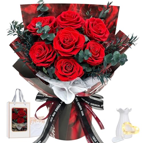 Ewige Rosen Blume Strauß mit Vase und LED Licht, 7 Rosenstrauß Konservierte Blumenstrauß Infinity Rosen Strauß Geschenke für Frau, Freundin, Mama zum Geburtstag, Valentinstag, Weihnachten