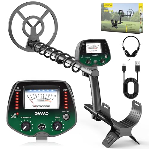 OMMO Metalldetektor Profi für Erwachsene & Kinder, USB Wiederaufladbarer Pinpointer Metalldetektor, 3 Modi, Hochpräzisions, IP68 wasserdichte Suchspule, Metalldetektoren Set mit Kopfhörer, Grün