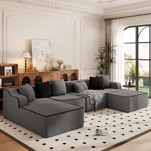 PHI VILLA Ecksofa mit Schlaffunktion Cloud Boneless Couch, Wohnlandschaft U Form Modulares Sofa Wohnzimmer Cord Keine Montage Grau