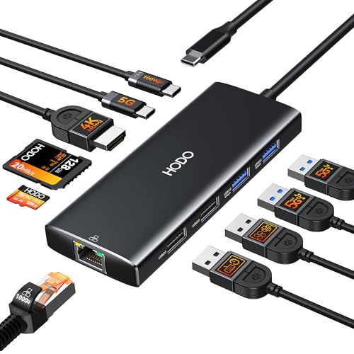 HODO USB C Hub Ethernet für MacBook Air/Pro, Adapter Mac Book Zubehör 10 in 1 mit 4K 60Hz HDMI, Ethernet, 100W PD, SD TF Kartensteckplatz, 4USB und USB-C Datenport, Type C Dongle für iPad, Surface