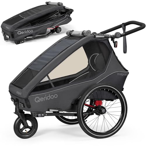 Qeridoo Kidgoo 1 Steel Grey | Fahrradanhänger 1 Kind | Fahrrad Anhänger Kinder mit Federung & Easy ARS | Jogger Kinderwagen | Kinderfahrradanhänger klappbar | Kinderbuggy 38L | Walker & Bike Trailer