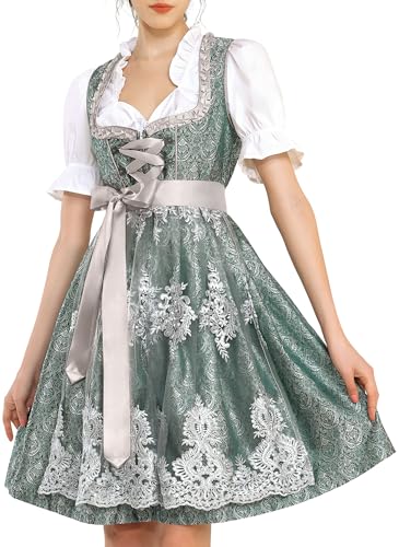 KOSMEEU Dirndl Damen Midi Trachtenkleid Oktoberfest Trachtenmode Trachten Trachtenrock Germandress inkl. Dirndl Dirndlschürze Dirndlbluse Grün 38