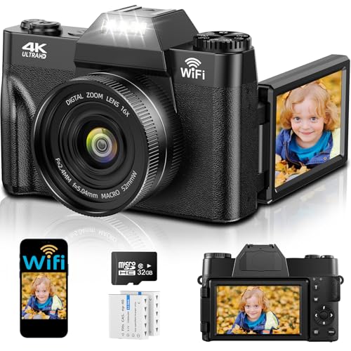 4K Digitalkamera, 75MP UHD Kompaktkameras mit WiFi - 3 Inch 180 Grad Autofokus Wiederaufladbare Vlogging-Kamera mit 32GB Karte &2 Akkus, 16X Digitalzoom für Kinder Anfänger Jugendliche